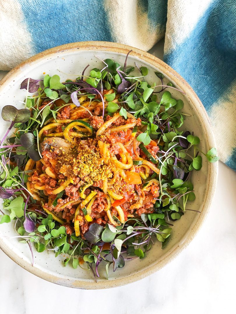 Zoodle Bolognese with micro greens