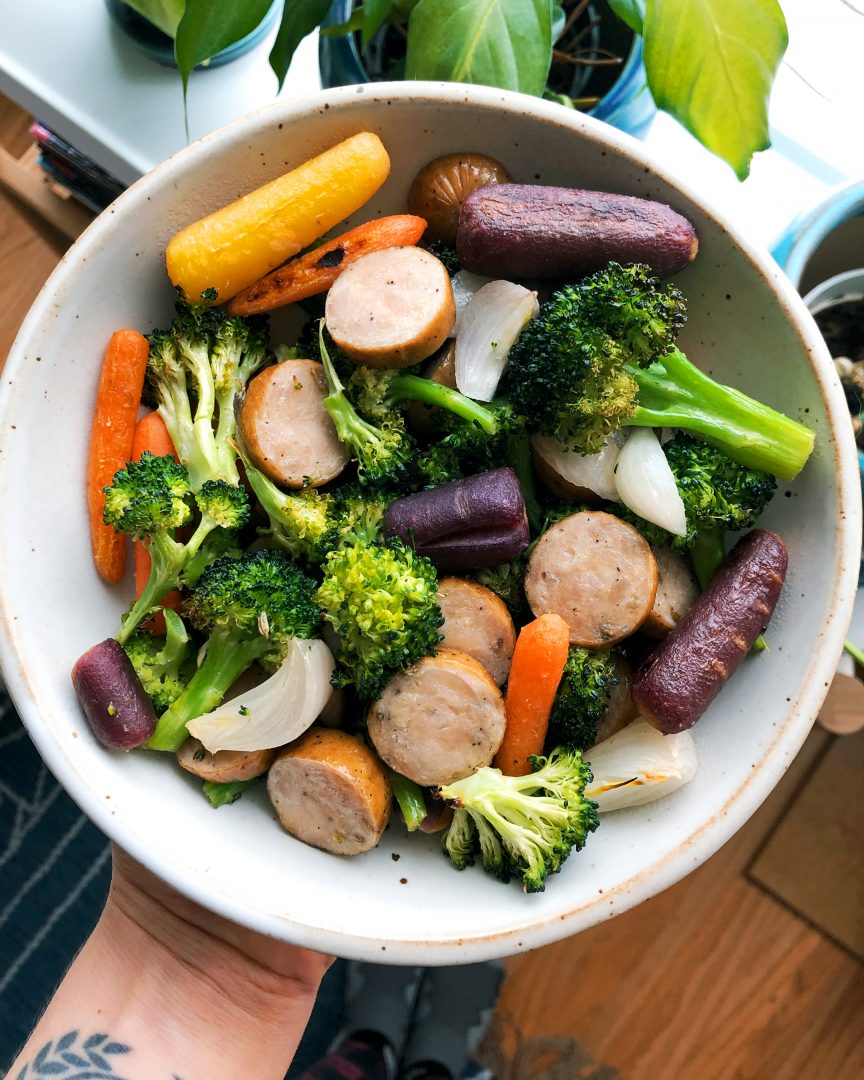 chicken sausage with broccoli and rainbow carrots