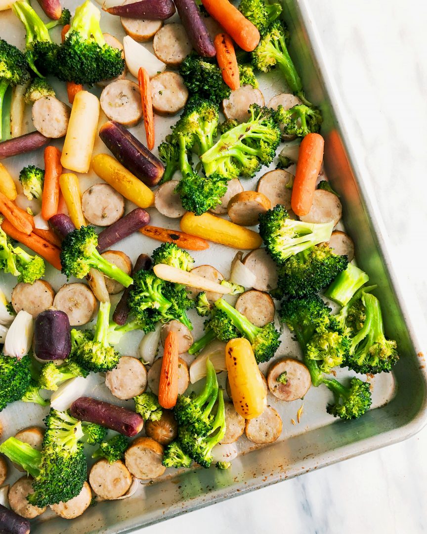 Sheet pan broccoli and rainbow carrots with sausage